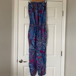 Strapless one-piece pant ensemble with cinch tie waist and elastic hem